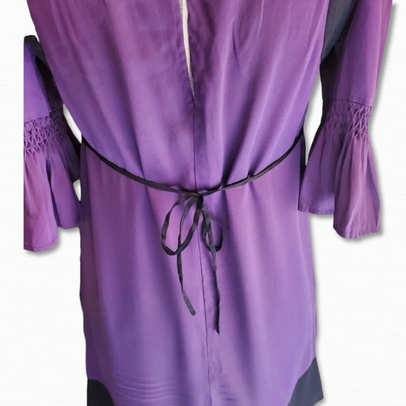 2B Bebe Purple Floral Mid Bell Sleeve Tie Back Square Neck Tunic Sz Small - Picture 6 of 8